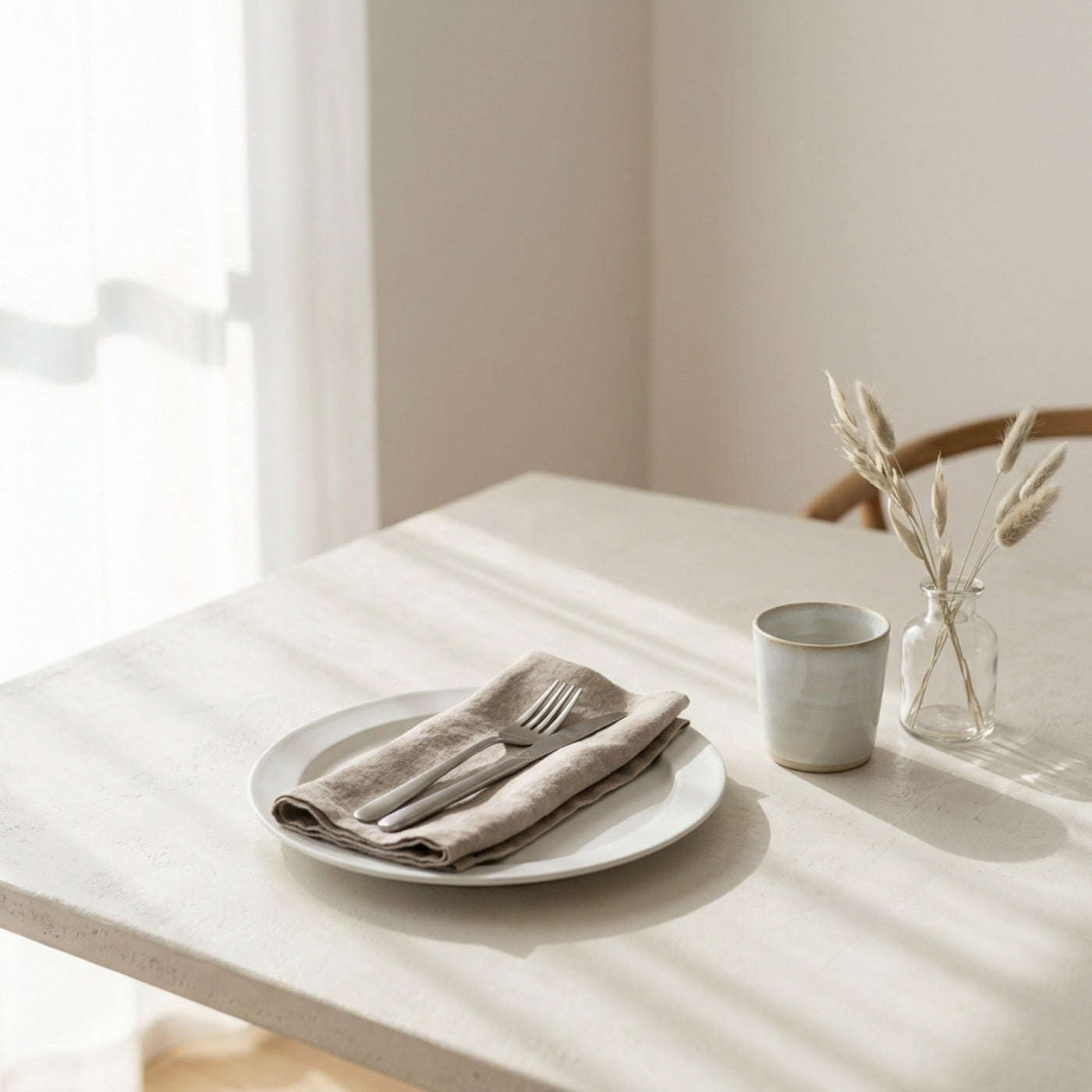 Calm everyday table setting with Japanese cutlery and ceramic plates